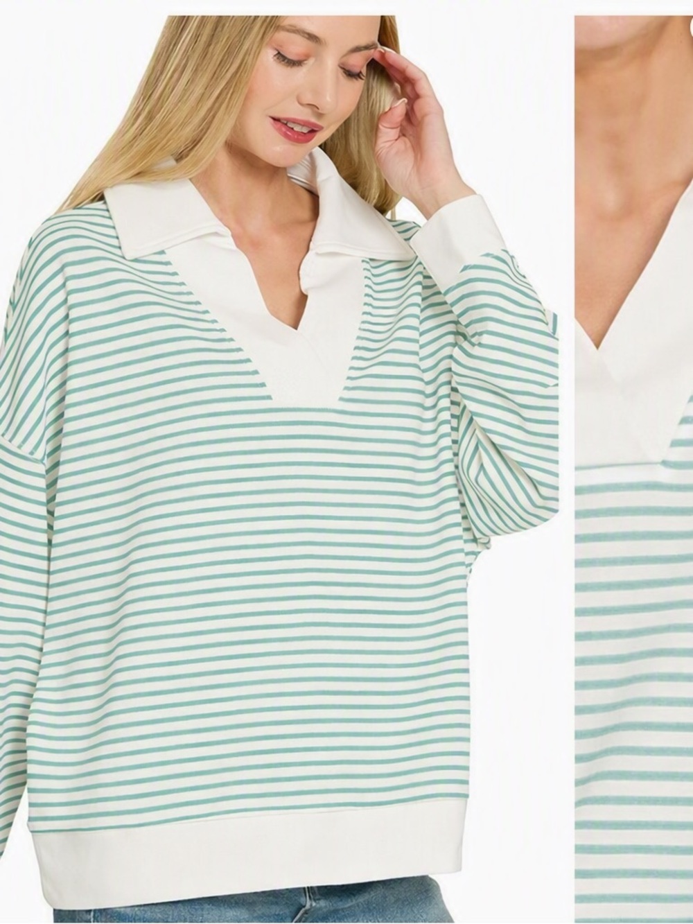 Zenana Striped V-Neck Polo Sweatshirt - Mint/White